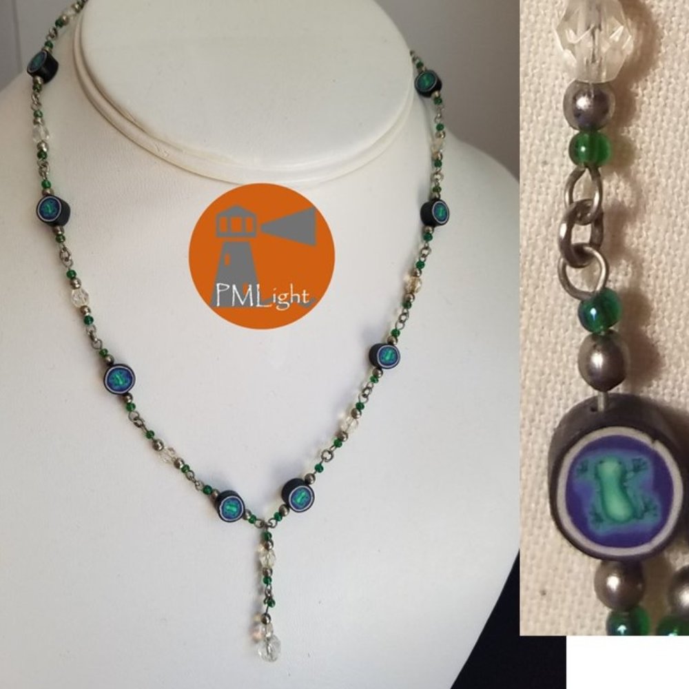 Frog Beaded Necklace Purple and Green Choker Dangle 🐸